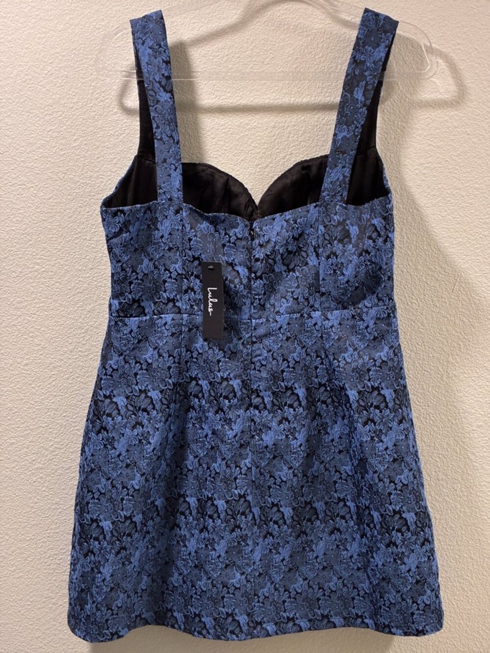 LULUS Sophisticated Celebration Mini Dress Sleeveless Floral Jacquard Blue L - Picture 4 of 14